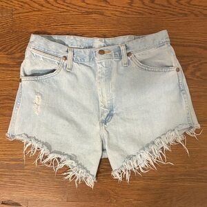 Wrangler Light Blue Distressed Jean Shorts - fit like 27